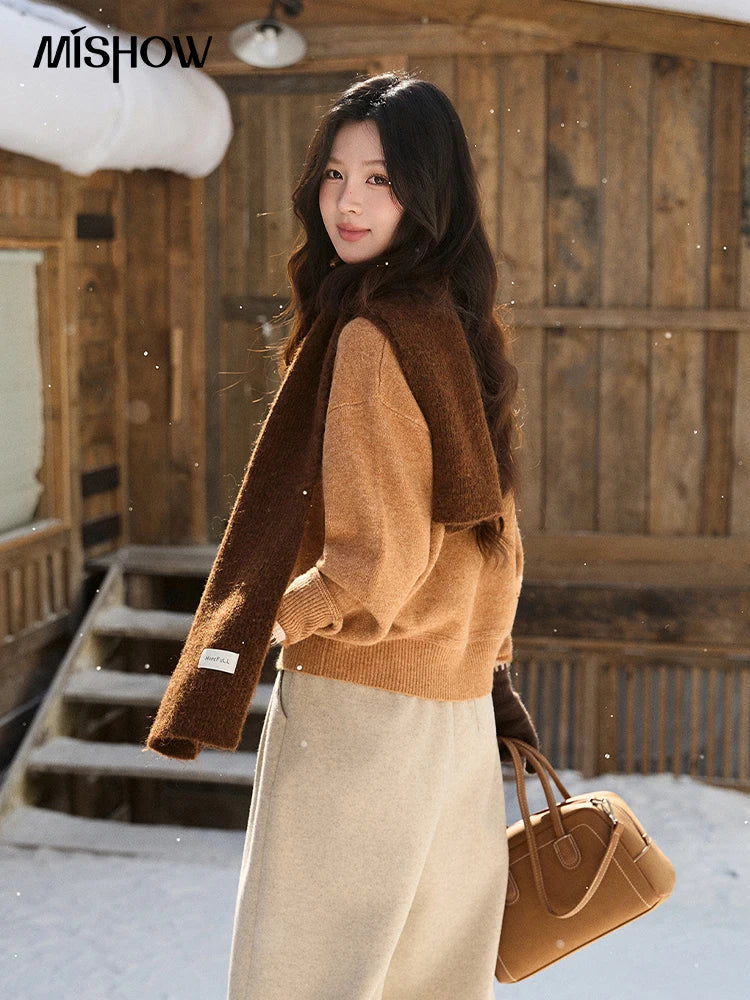 MISHOW Women's Horse Pattern Knit Sweater Winter Crew Neck Sweaters Collar Cuffs Splice Contrasting Faux Mink Fur Top MXE94Z2863