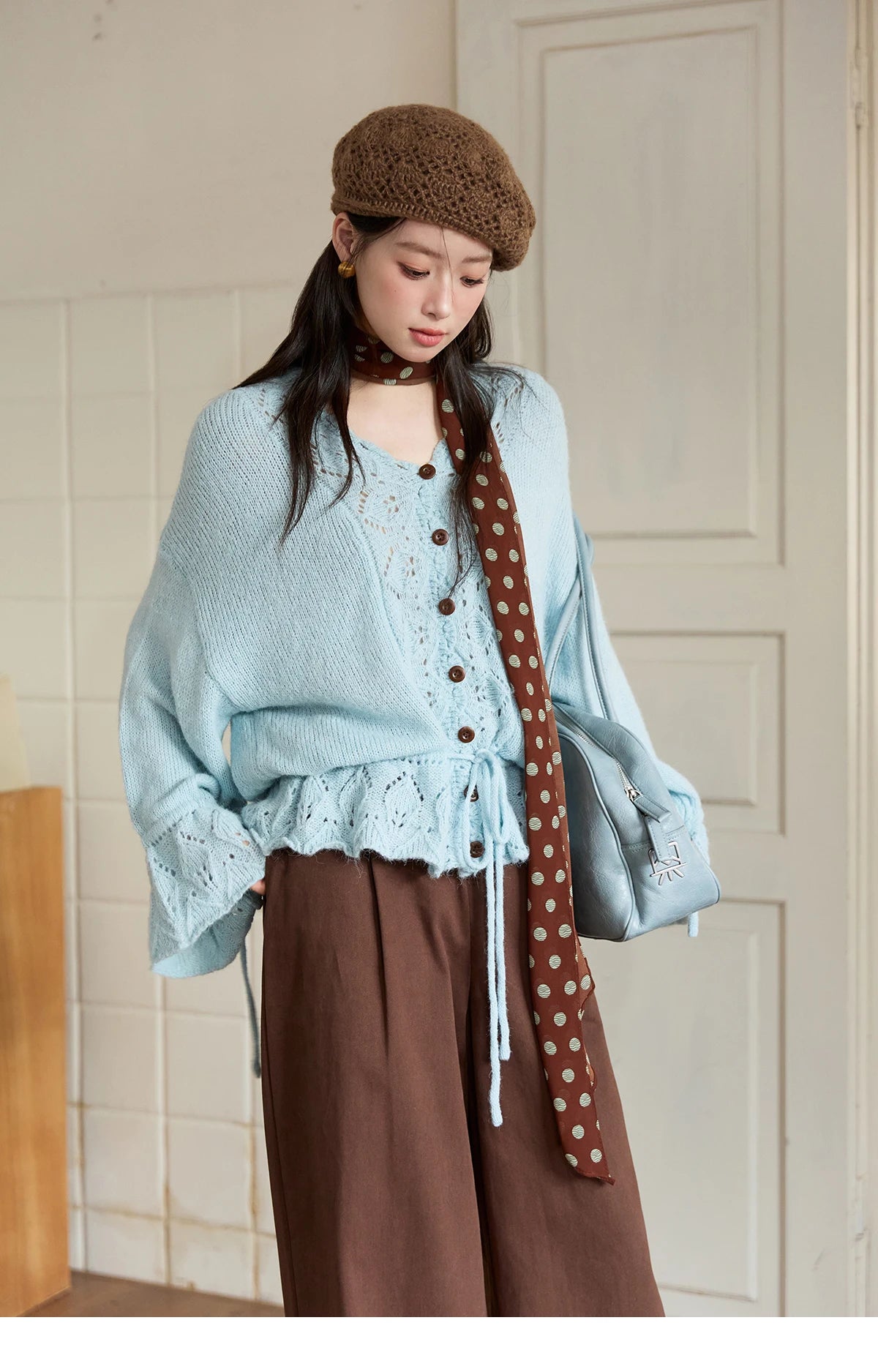 MISHOW Elegant Cardigan Women 2025 Autumn Design Hollow Knit Sweater V-neck Flared Sleeves Loose Casual Sweater MXE47Z2513