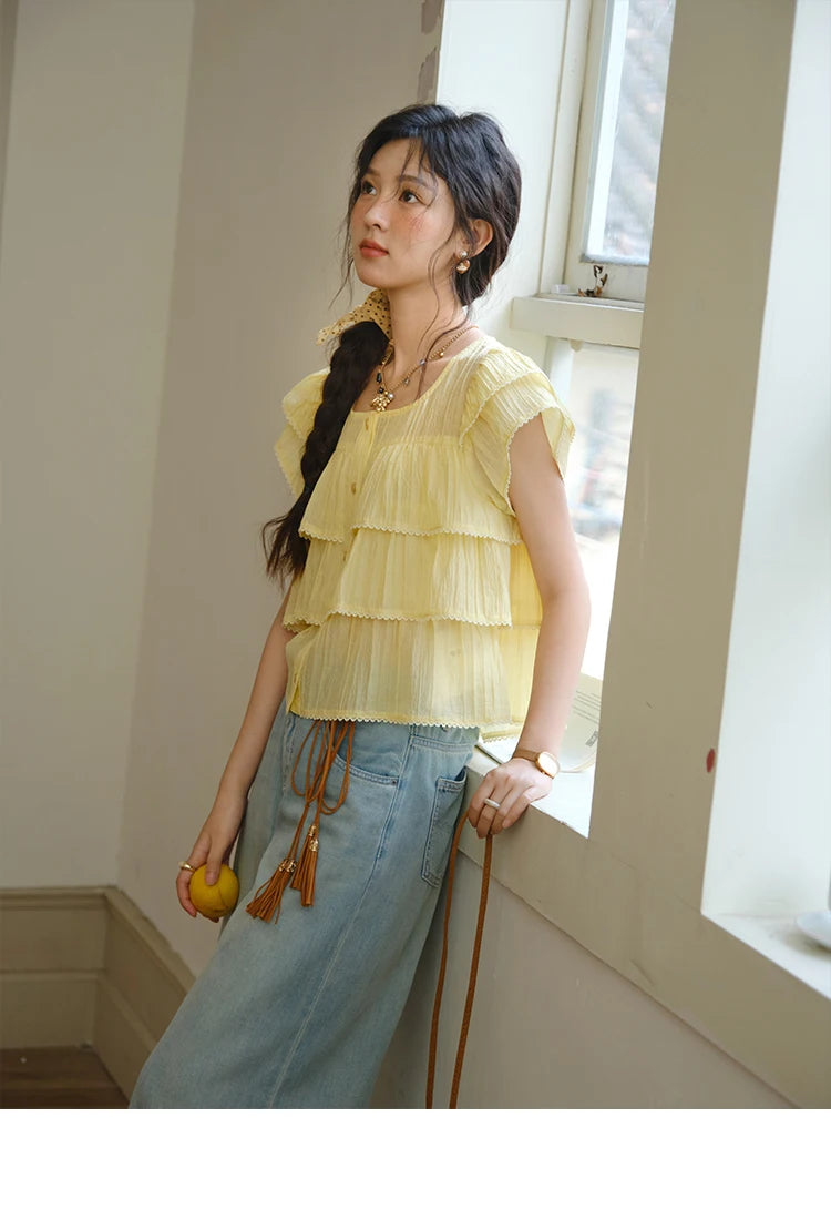 MISHOW Butterfly Sleeve Chiffon Shirt Women's 2025 Summer New Women's Clothing Retro Square Neck Button Casual Shirt MXD30X1488