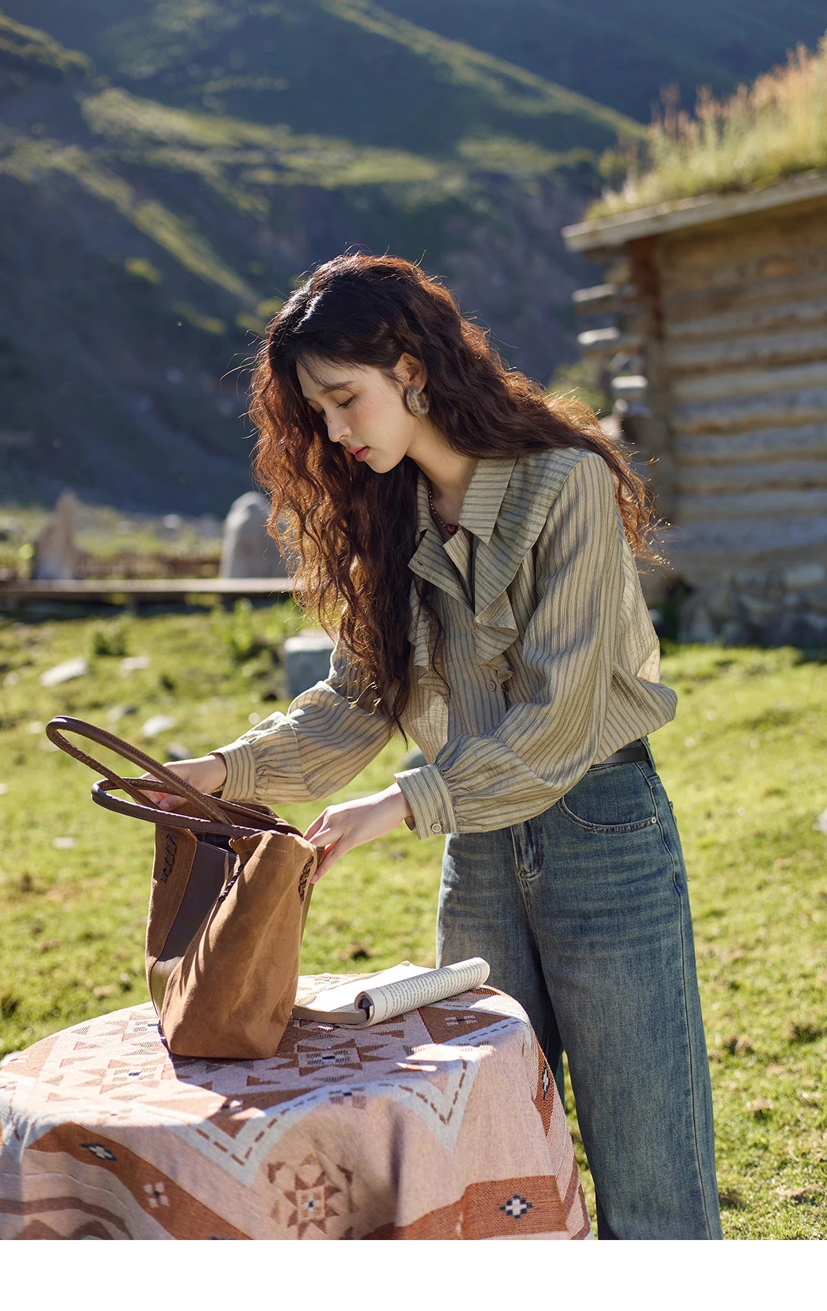 MISHOW Retro Button Long Sleeved Striped Shirt for Women 2024 Autumn Korean Flounce Polo Neck Casual Tops Office Lady MXD41C0321