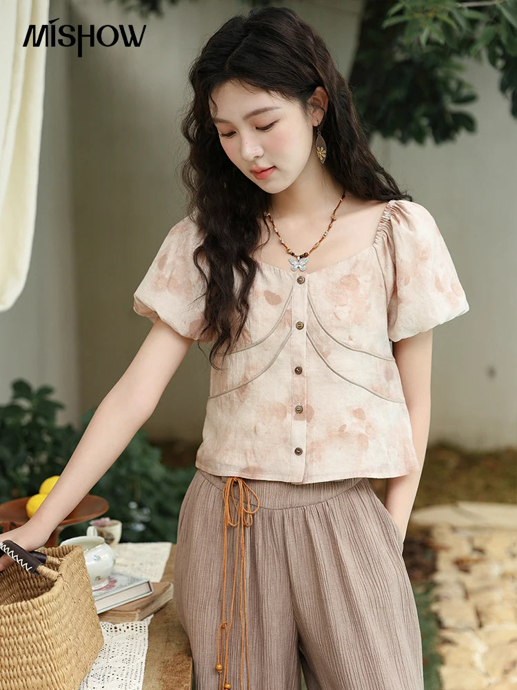 MISHOW Women's Contrast Halo Printing Blouses 2024 Summer French Retro Square Tops Female Puff Sleeve Button Blouse MXD30X1562