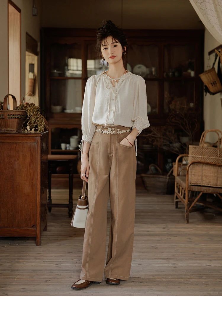 MISHOW French Retro Lace Collar Shirt for Women 2024 Autumn Bow Tie Top Lantern Sleeves Seven Quarter Sleeves Shirt MXD41X1621