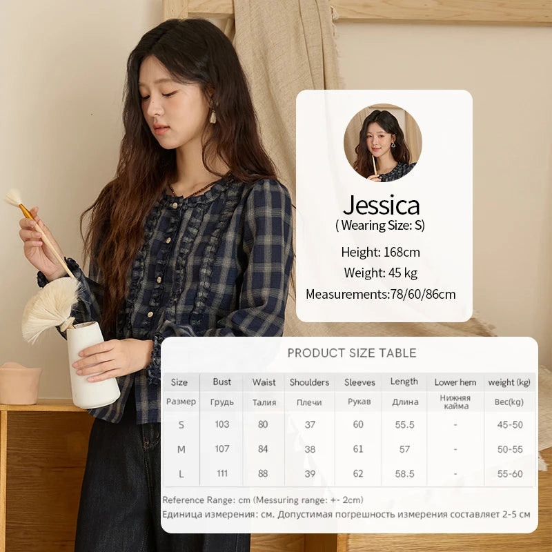 MISHOW Women's Vintage Blue Plaid Shirt 2025 Autumn New Elegant Luxury Loose Waist Shirts Round Neck Long Sleeved Top MXE45X2480