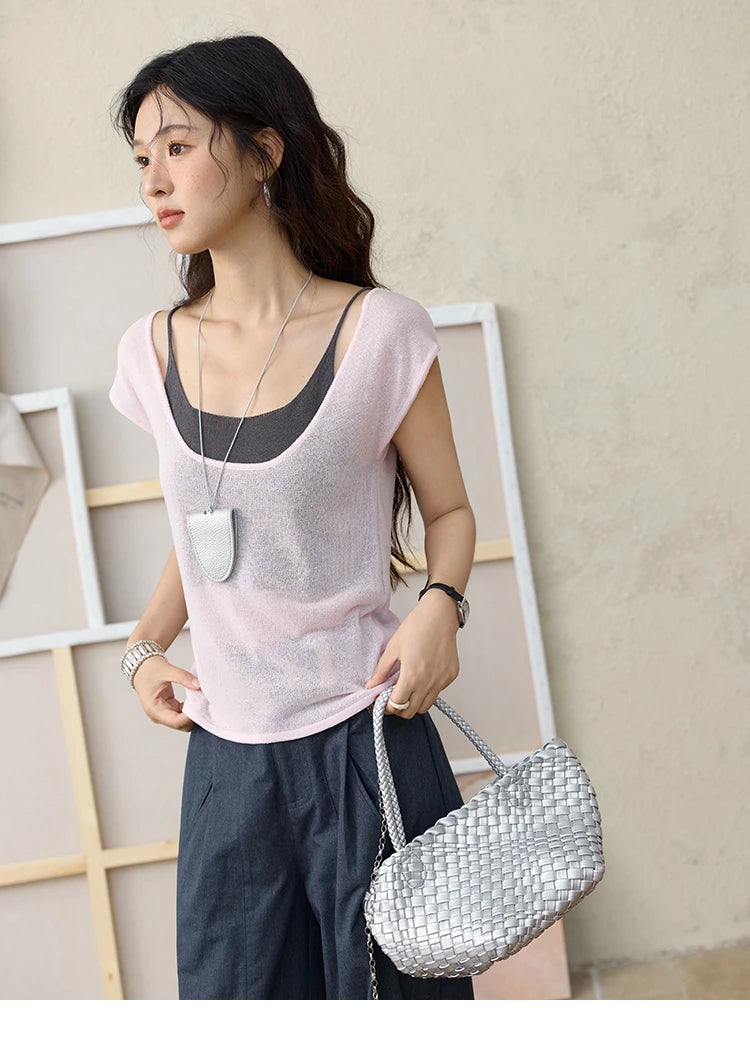 MISHOW Women's Linen Short Sleeve T-shirt 2025 Summer Contrast Color Fake Two-piece Knitted Top Thin Cool Casual Tees MXE36Z1277