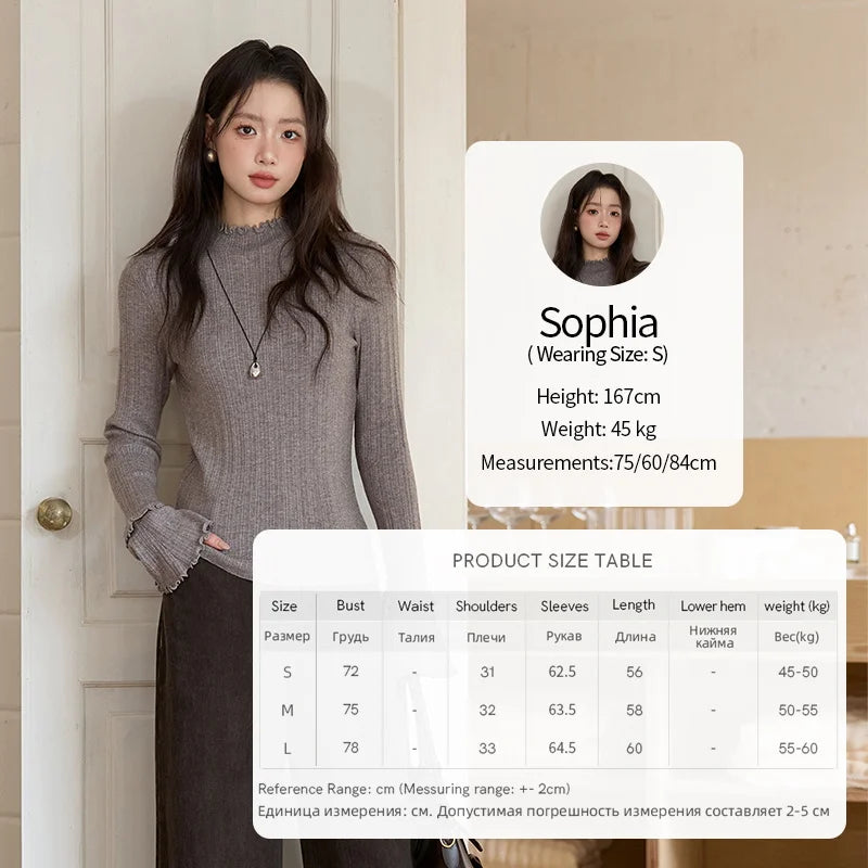 MISHOW Women's Long Sleeve Top 2025 Autumn New Casual Solid Turtleneck Slim Knit Wood Ear Edge Trumpet Sleeve Top MXE51Z2552