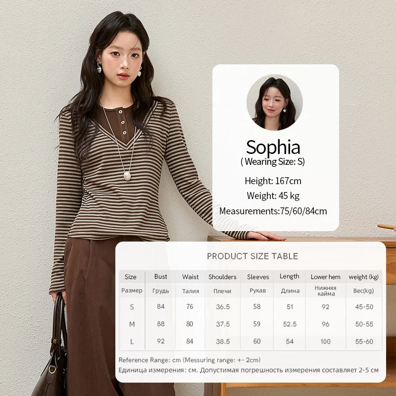 MISHOW Cotton Woman Long Sleeves Tee 2025 Autumn Winter Retro Fake Two-piece Striped Top Commute Knitted Top Ladies MXE51Z2555