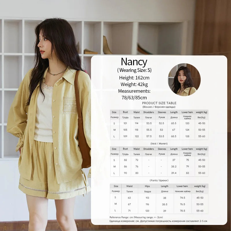 MISHOW Yellow Linen Three Piece Solid Splicing Lace Shirt Camisole Elastic Waist Shorts Vintage Hollowed Out Lace Set MXE42T0718