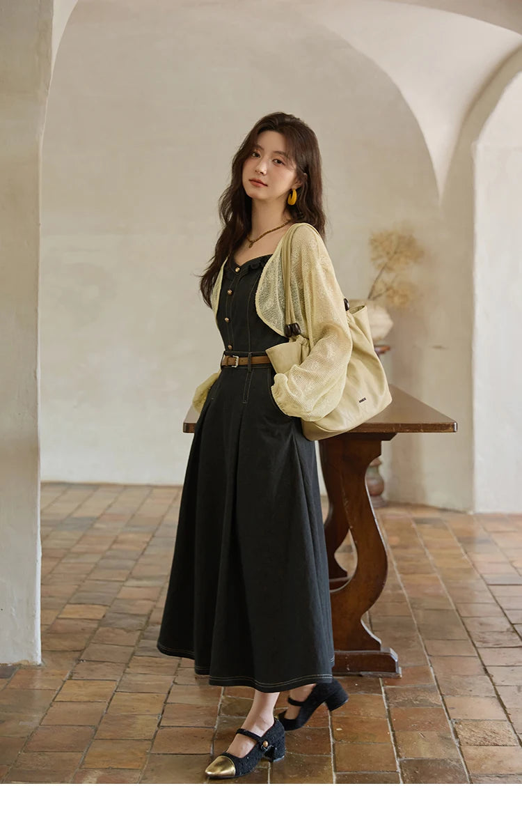 MISHOW Women's Two-Piece Set 2025 Lantern Sleeves Knitted Cardigan Imitation Denim Strap Dress Set With Belt Included MXE41T0704