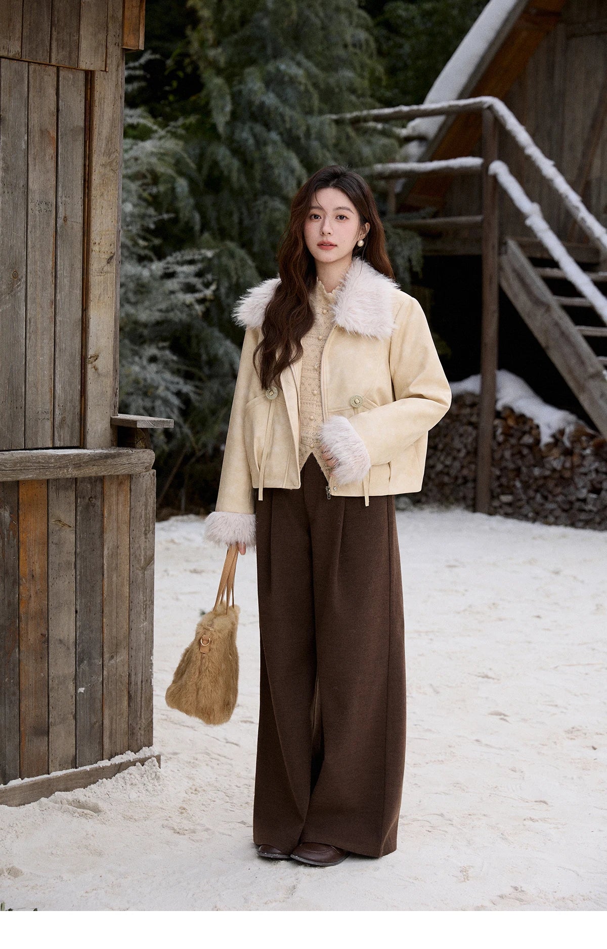 MISHOW Apricot Suede Jacket with Plush Collar Lapel for Women 2025 Winter Warm Overcoat Ladies Retro Thickening Coats MXE91W0987