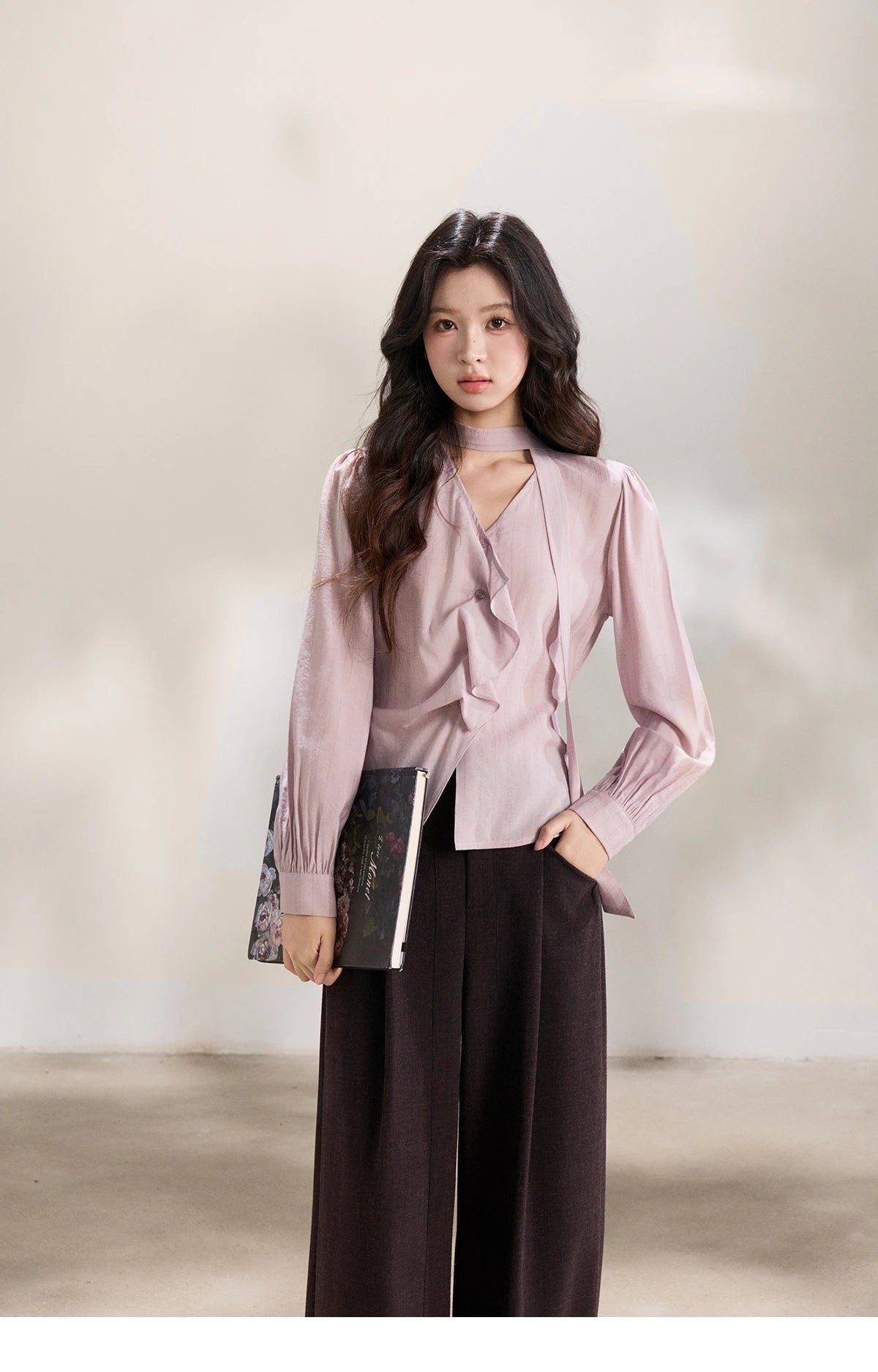 MISHOW Women's Purple Sweet Shirts 2026 Spring Ribbon V-Neck Ruffled Asymmetrical Shirt Back Lace-up Waist Casual Top MXF13X2527