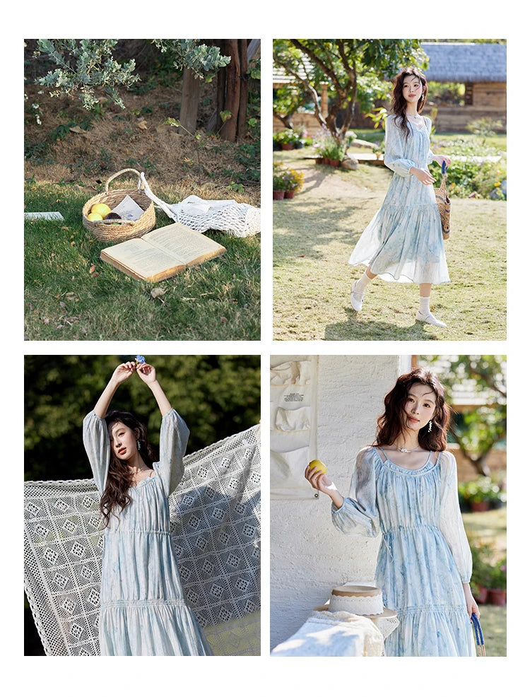 MISHOW Printed Blue Blending Chiffon Vacation Dress Spring 2025 Drawstring Waist Long Dress Lantern Sleeve Dresses MXE16L2114