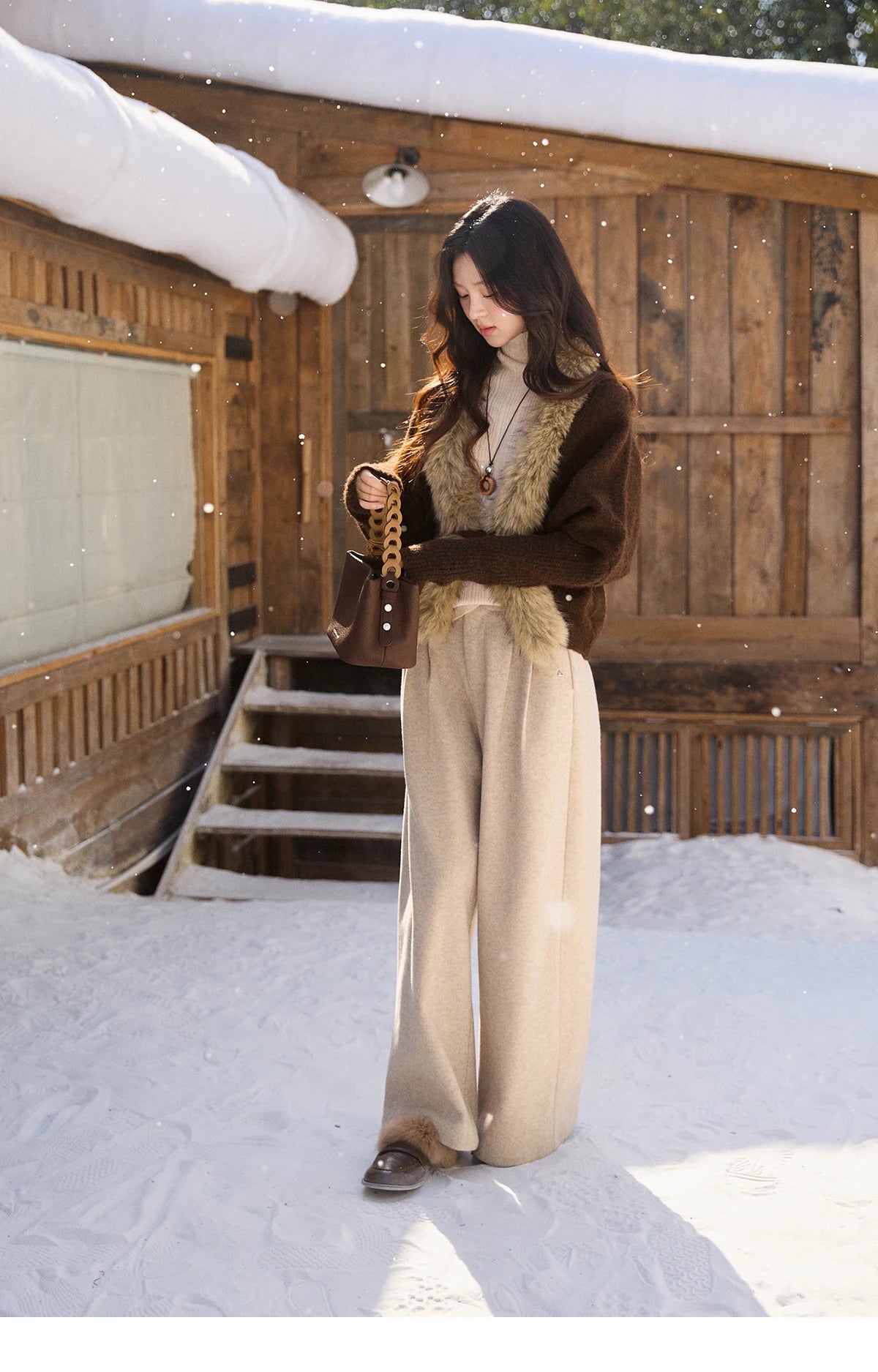 MISHOW Women's Brown Knitted Cardigan 2025 Winter Faux Fur Collar Batwing Sleeve Tops Warm Loose Outerwear Beltless MXE94Z2954