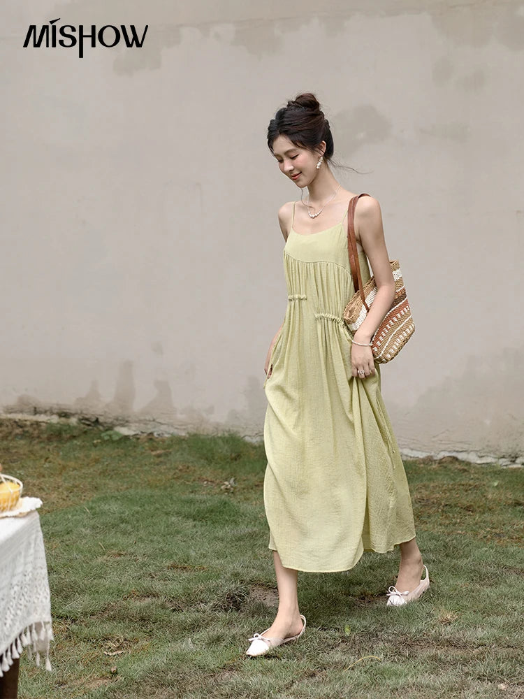 MISHOW Irregular Pleated Suspender Long Dress for Women 2025 Summer Olive Green Dress Loose Drawstring Waist Dresses MXD31L1928