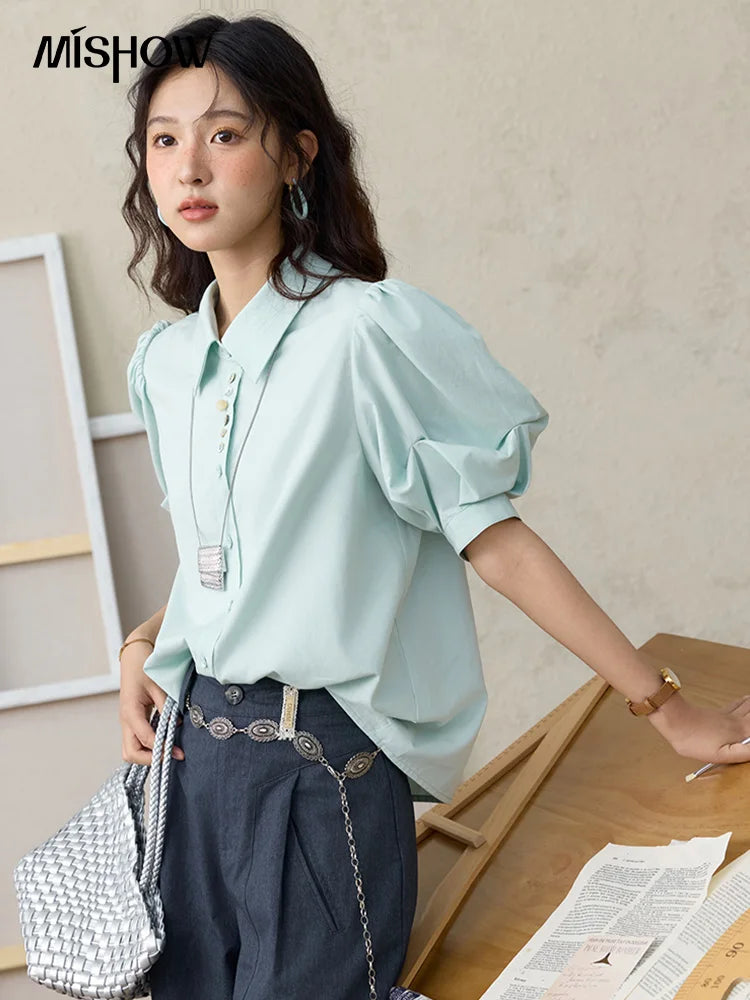 MISHOW Light Green Bubble Sleeve Shirt for Women Summer 2025 Lapel Collar Irregular Button Shirts Cotton Commuter Top MXE34C0788