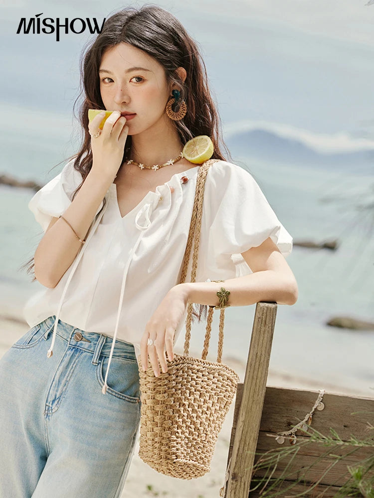 MISHOW Solid French Summer Blouses Woman 2025 New Short Puff Sleeve V-neck Beaded Retro Shirts Women Fashion Tops MXE33X1757