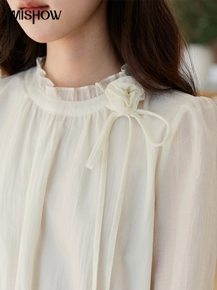 MISHOW Women's Ruffled Stand Collar Blouse 2026 Spring Flower Decor Apricot Blouses Drawstring Waist Puff Sleeve Top MXF11C2428