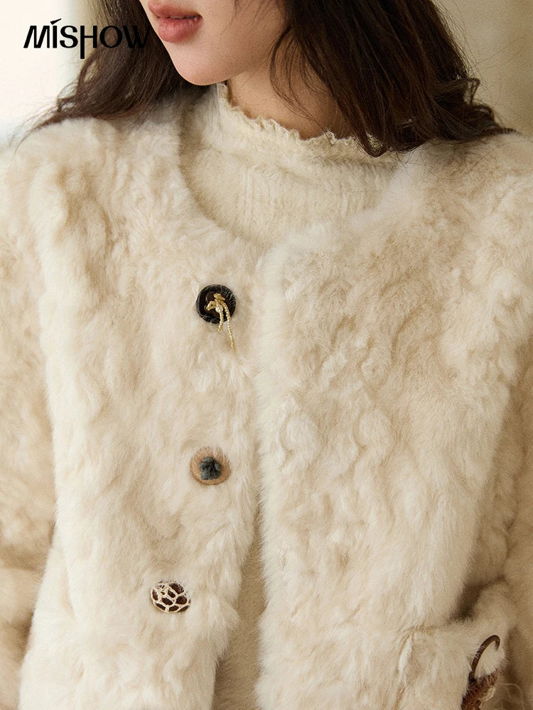 MISHOW Women's Winter Jacket 2025 Sweet Pink Faux Rabbit Fur Coat with Pockets Handcrafted Vintage Buttons Outerwear MXE87W0990