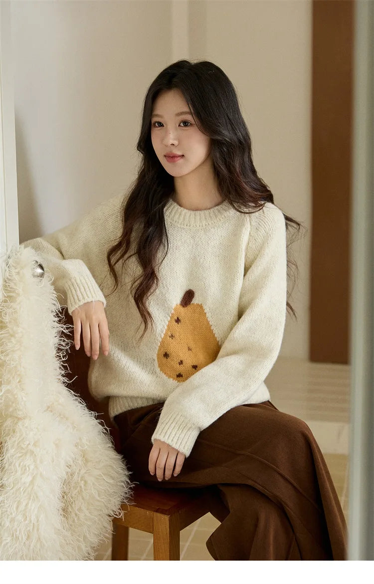 MISHOW Pear Pattern Jacquard Knitted Sweater Autumn Winter Crew Neck Loose Sweaters Wool Blend Warm Pullover Tops MXE94Z2959