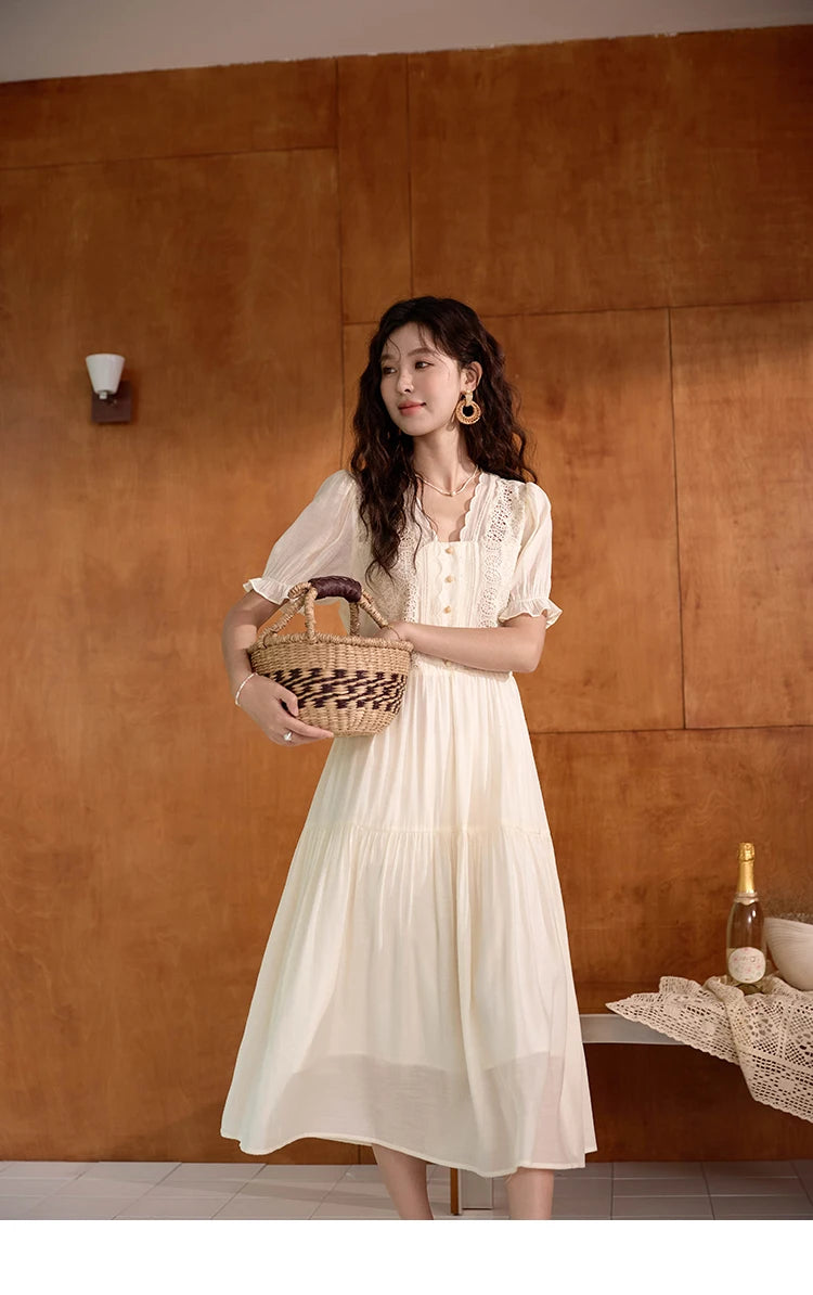 MISHOW Women's French Hollowed Out Embroidery Dress 2024 Summer Elegant Slim Fairycore Dress Waist Mid Length Dresses MXD31L1981