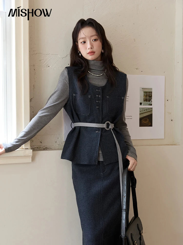 MISHOW Blue Three-piece Suit for Women 2025 Autumn Sleeveless Vest Straight Midi Skirt Slim Knit Tops Skirt Set  MXE49T1421