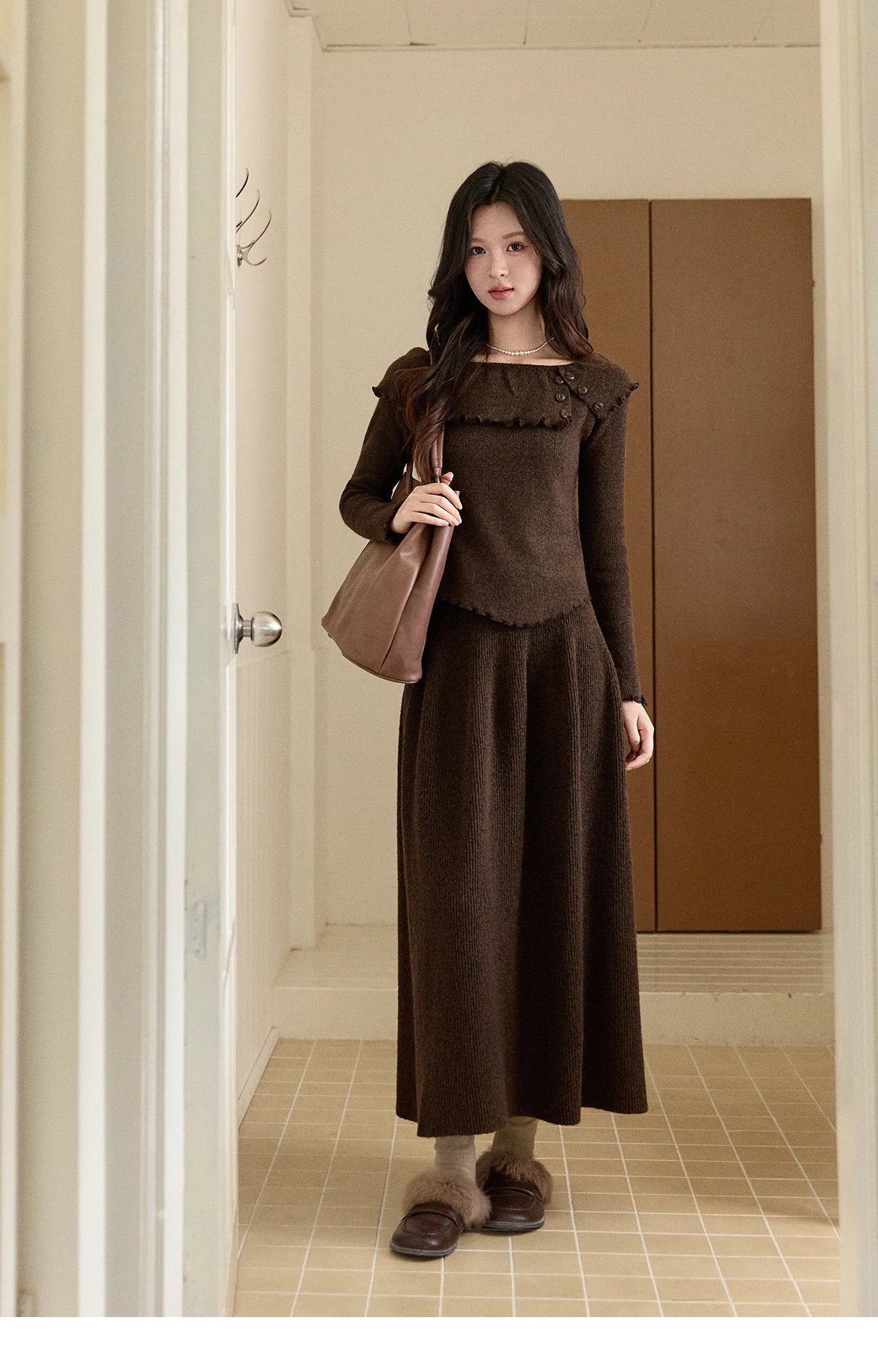 MISHOW Women's Retro Knitted Two-Piece Set 2025 Winter Coffee Ruffle Boat Neck Top A-Line Elastic Waist Skirt Outfit MXE93T1455