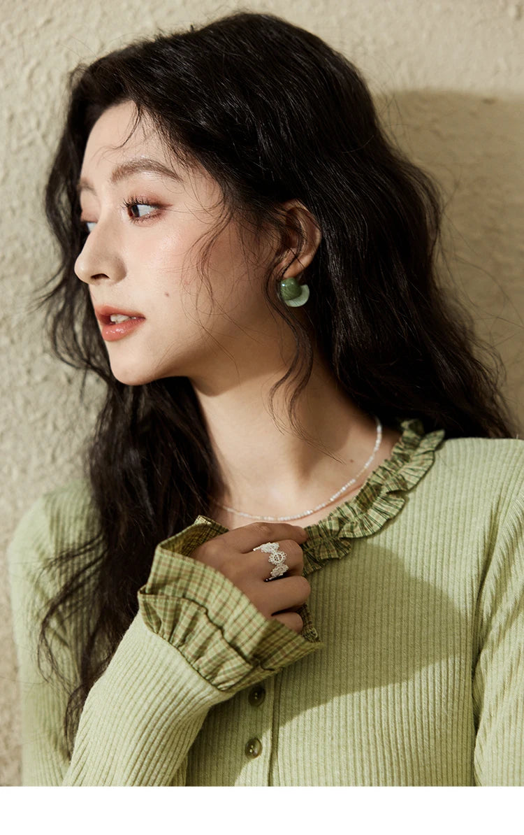 MISHOW Green Plaid Knitted Top 2025 Spring Lotus Leaf Sleeves Tees Slim Long Sleeve Curled Collar Single Breasted Top MXE14Z1152