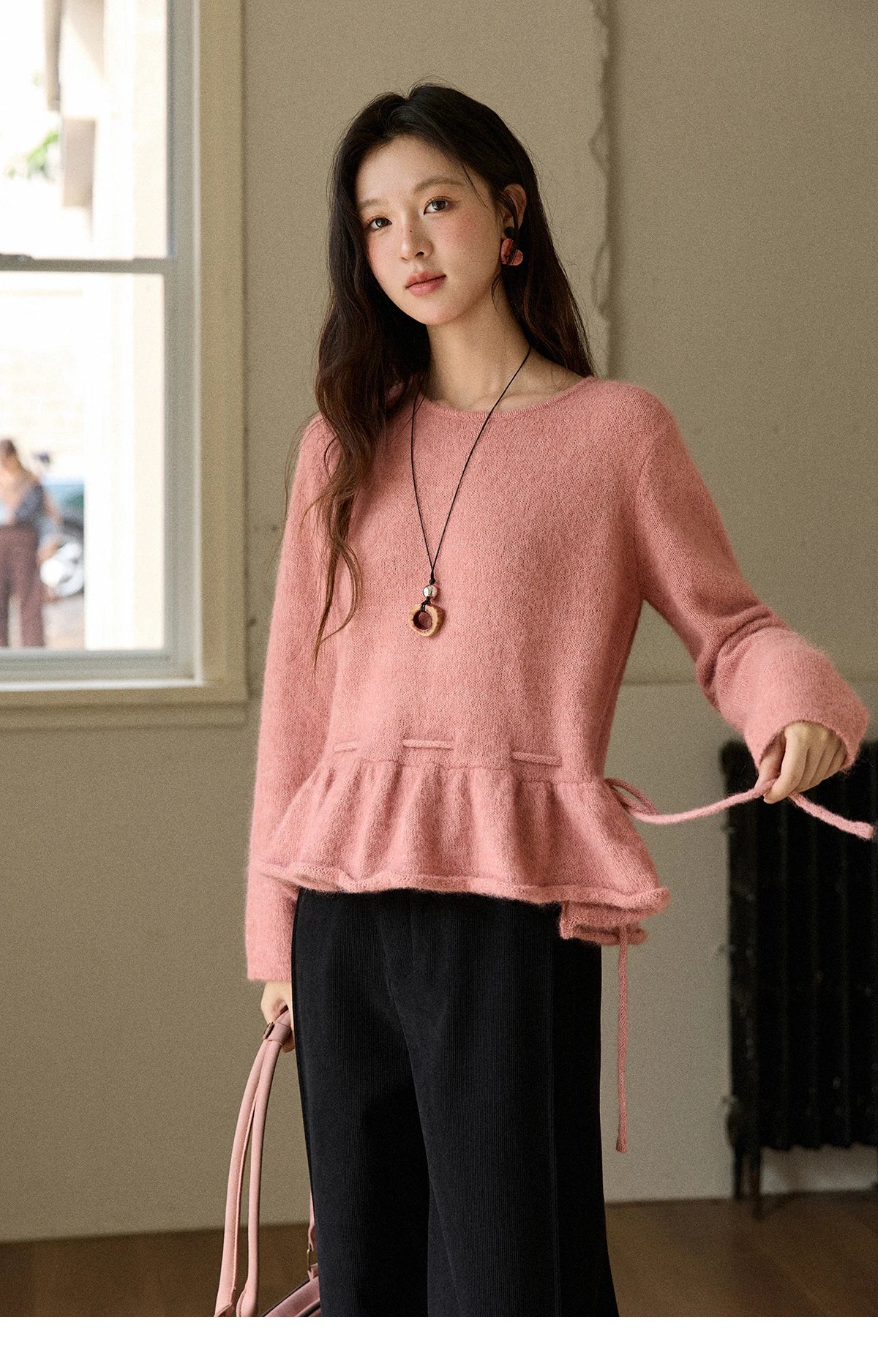 MISHOW Women's Pink Sweater 2025 Winter French Style Round Neck Knit Top Ruffled Hem with Drawstring Belt Pullover MXE90Z2824