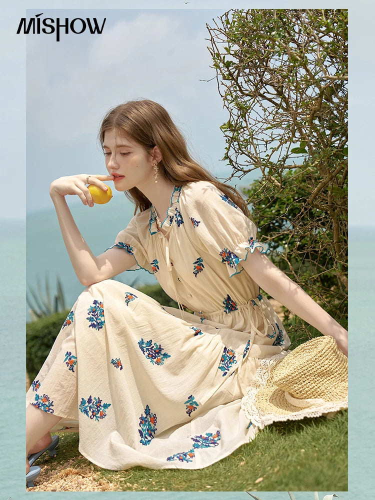MISHOW French Romantic Dress 2024 Summer Women Embroidered Flower Fairycore Dresses Elastic Waist Drawstring Dress MXD24L1835