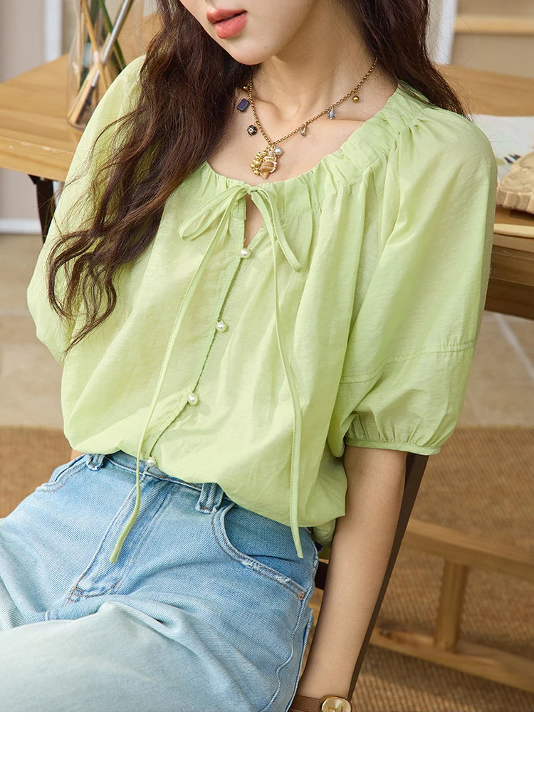 MISHOW Women's Round Neck Blouse 2025 Summer New Fashion Lace Up Puff Sleeve Casual Chiffon Top Ladies Clothing MXE36X1875