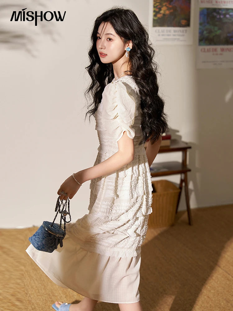 MISHOW Women's French Lace Dress 2024 New Summer New Chiffon Midi Temperament Short Sleeve Woman Dresses Clothing MXD21L1756