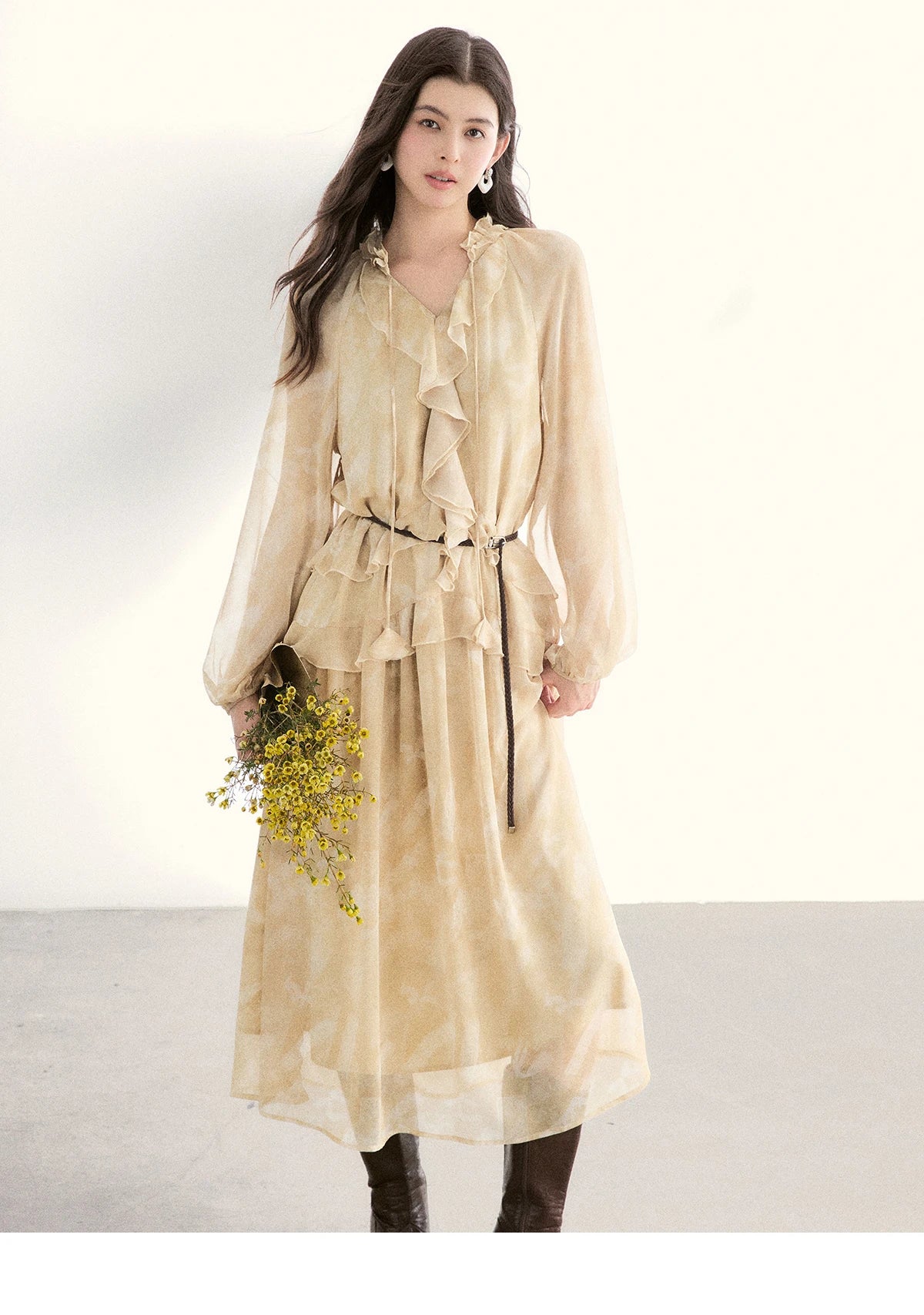 MISHOW Light Yellow Chiffon Maxi Dress 2026 Spring V-Neck Ruffled Belted Floral Print Casual Long Sleeve Dresses MXF11L2554