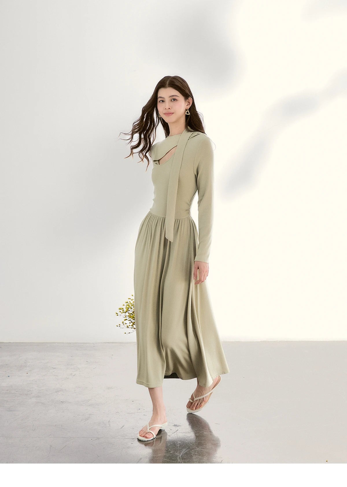 MISHOW Women's Light Green Midi Dress 2026 Spring Cutout Neck Hollow Out Ribbon Dresses Elegant Long Sleeve Dress MXF13L2556