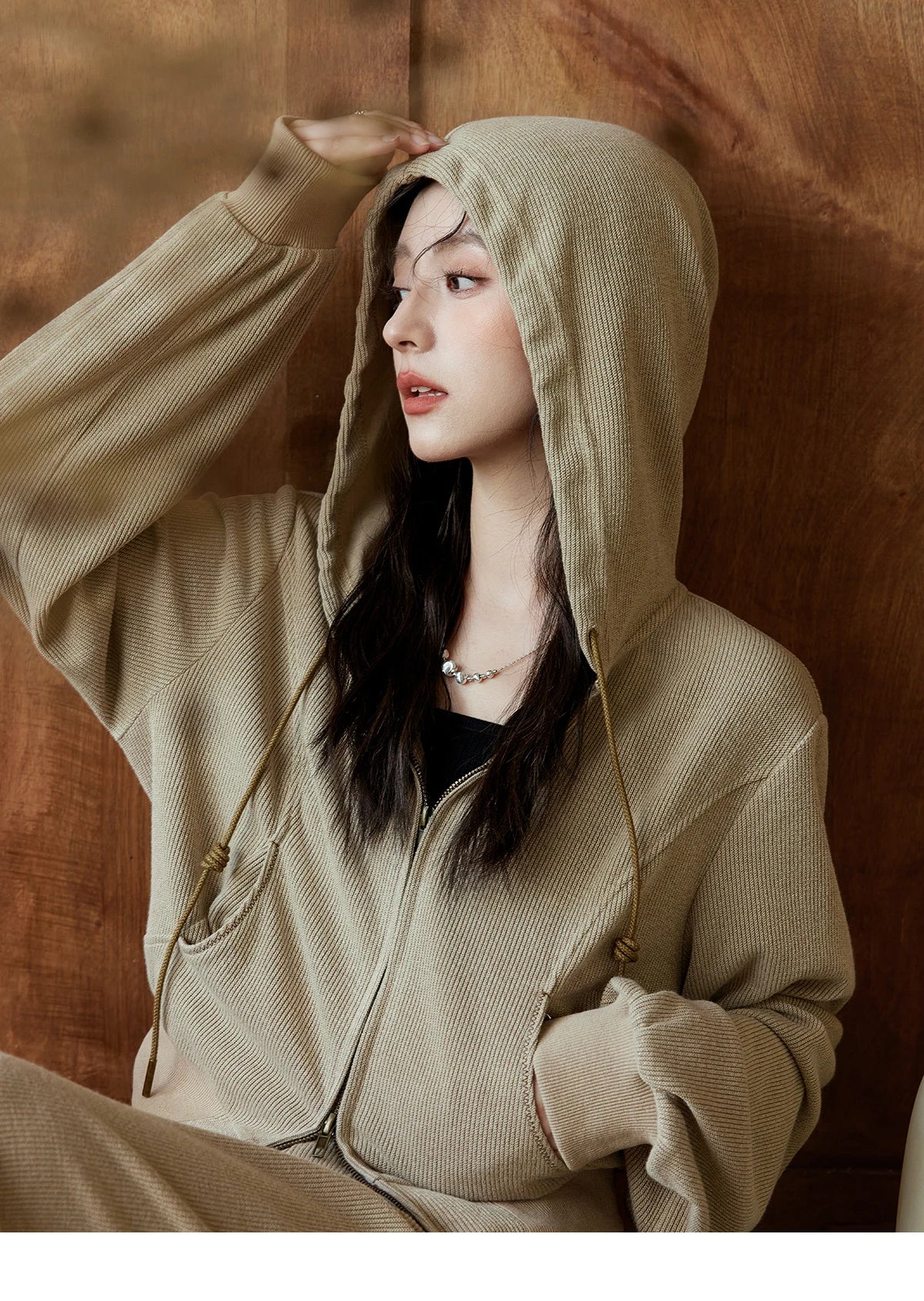 MISHOW Hooded Double Zipper Sweatshirt Knitted Straight Leg Pants Separately Versatile Top Back Elastic Waist Pants MXD44Z0794