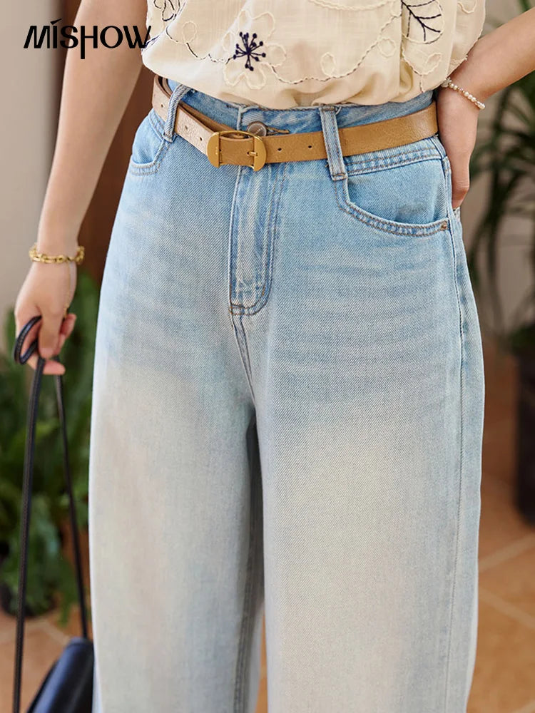 MISHOW Denim Blue Lace Straight Leg Pants for Women Summer 2025 High Waist Trousers 100 Cotton Casual Wide Leg Jeans MXE35K0947