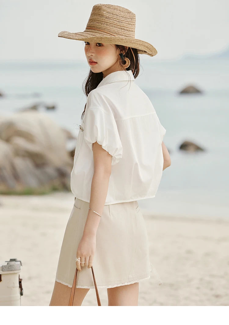 MISHOW Casual Summer Blouses Women 2025 New Short Puff Sleeve Turn Down Collar Shirt Female Fashion Shell Ribbon Tops MXE33C0773