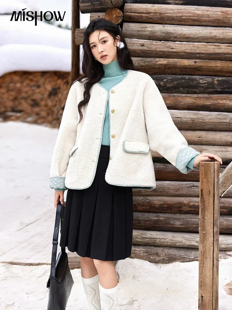 MISHOW Lamb Wool Jacket Women Cuffs Spliced Lace Metal Buttons Design Suede Plush Soft Warm Solid Leather Fur Coats MXD58W0740