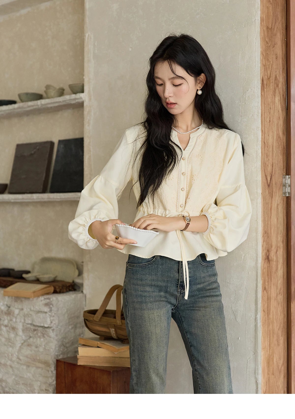 MISHOW Women's French V-neck Blouse Lace Lantern Sleeve Long-sleeved Blouses 2024 Fall Tie Drawstring Waist Slim Tops MXD45X1660