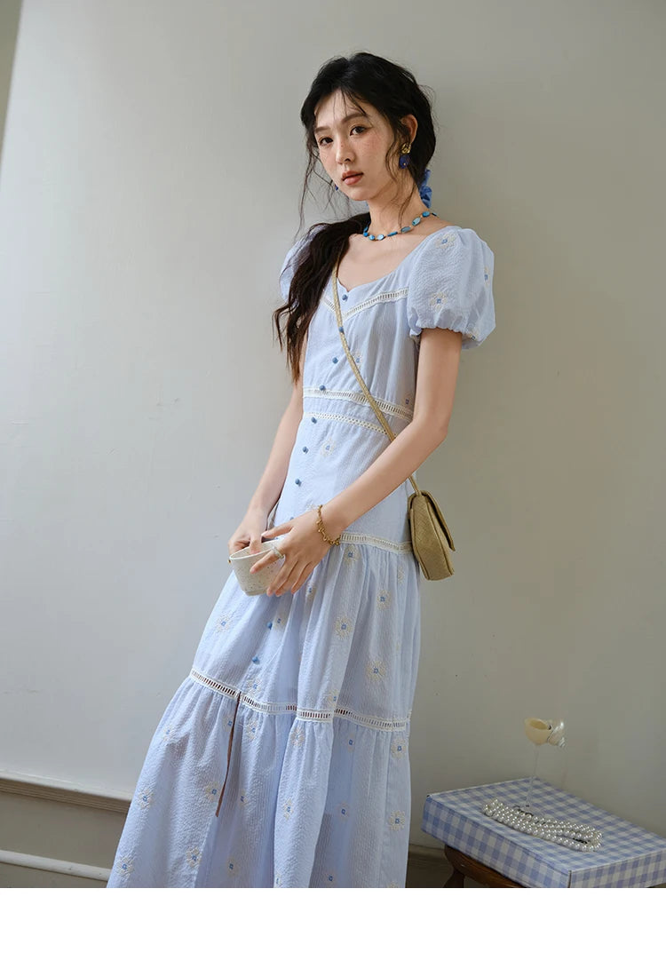 Mishow French Sweet Flower Embroidery Puff Sleeve Dress MXE35L2271