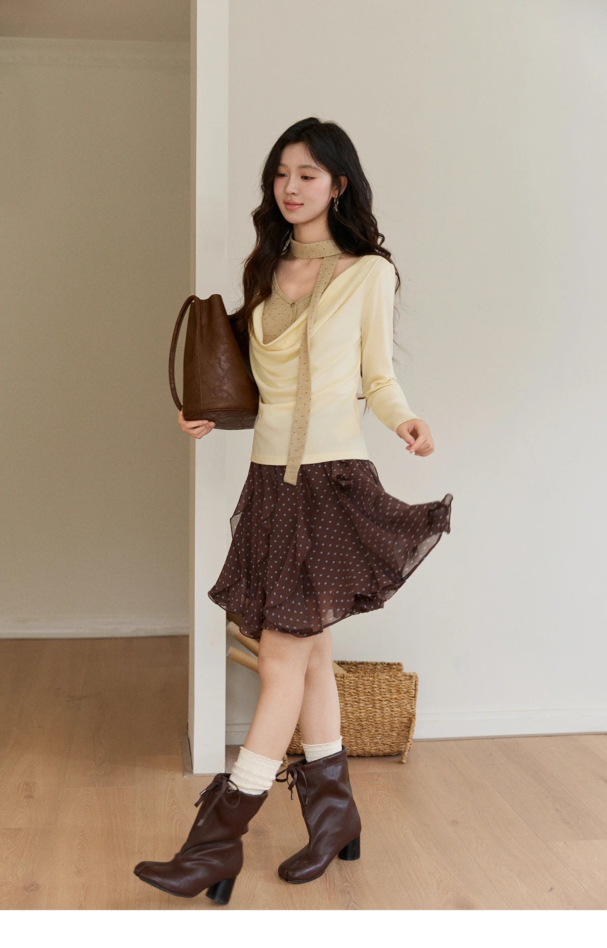 MISHOW Women's Wool Blend Fake Two Piece Draped Neck Knit Top 2026 Spring Wave Point Ribbon Contrast Color Casual Top MXF13Z2977