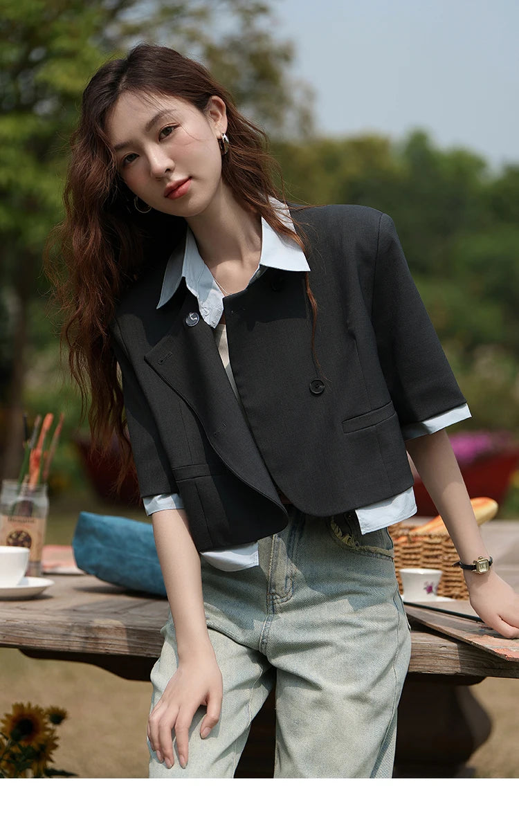MISHOW Fake Two Short Suit Jackets for Women Summer Three Quarter Single Breasted Turn-down Collar Female Coats MXC33W0016