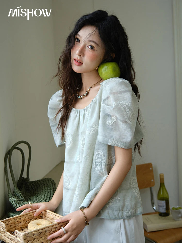 MISHOW O-Neck Blouse for Women 2025 Summer New Fashion Print Embroidery Puff Sleeve Loose Casual Top Ladies Clothing MXE34X1807