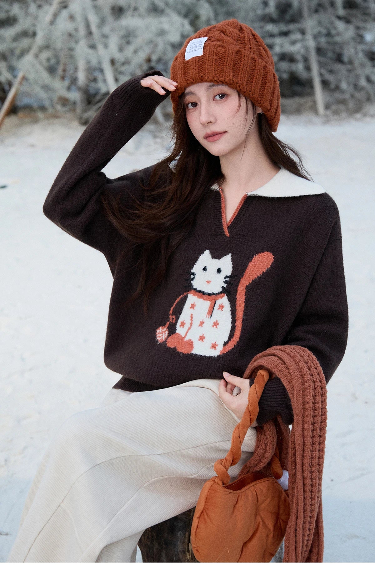 MISHOW Women's Retro Arctic Fleece Cat Sweater 2025 Autumn Winter Color Block Lapel 3D Jacquard Thick Knitted Top MXE90Z2835