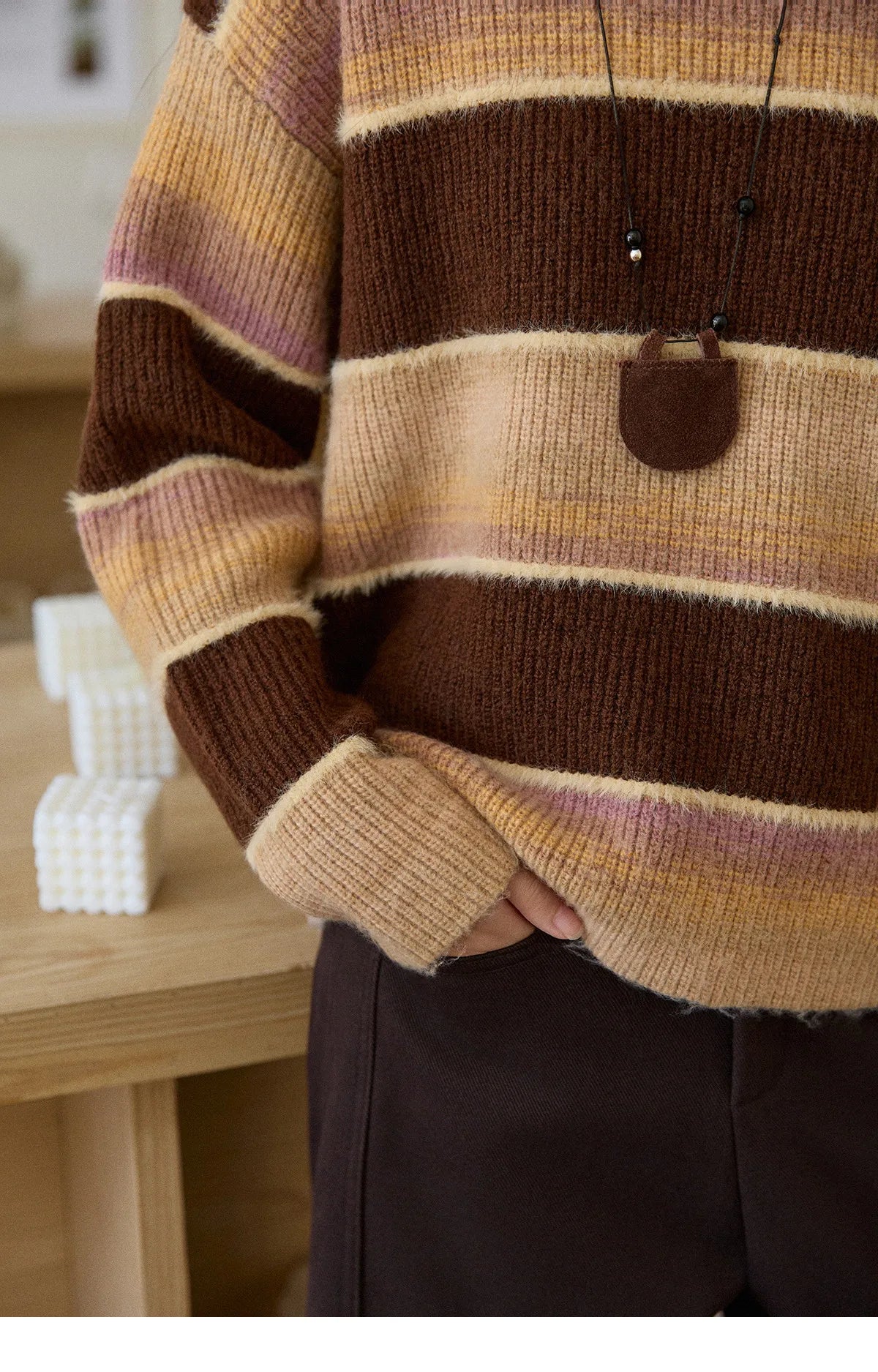 MISHOW Women's French Striped Gradient Sweater 2025 Winter Faux Mink Fleece Sweater Thick Casual Warm Knitted Top MXE94Z2891