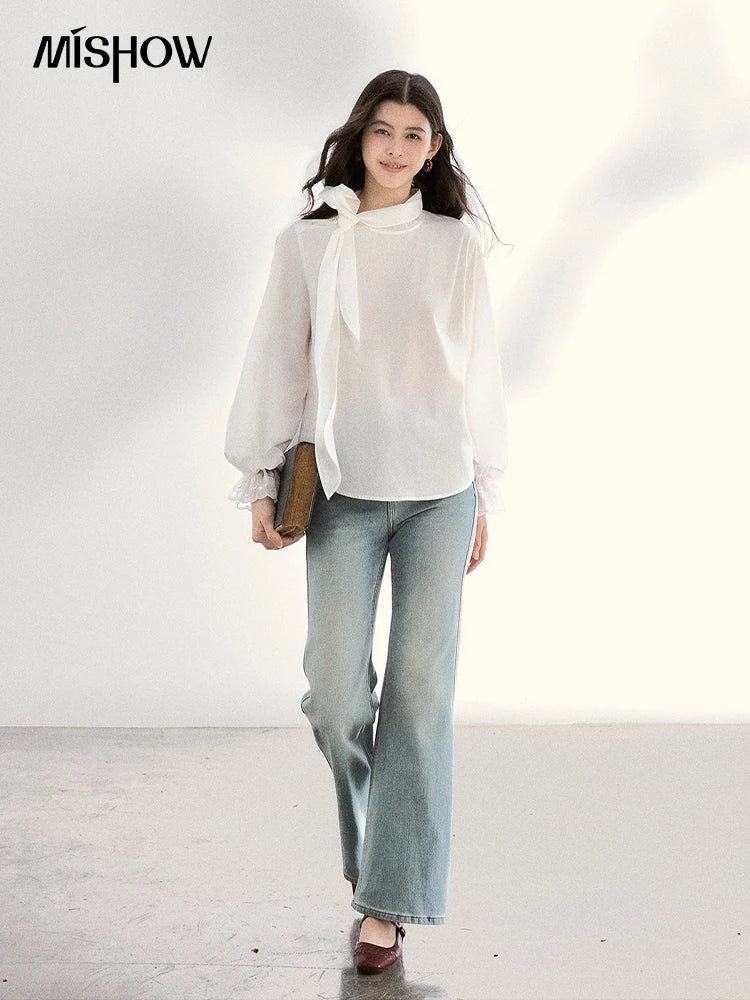 MISHOW Women's White Blouse Spring Bow Tie Neck Lantern Sleeve Patchwork Lace Blouses Casual Elegant Top Office Lady MXF108C0814