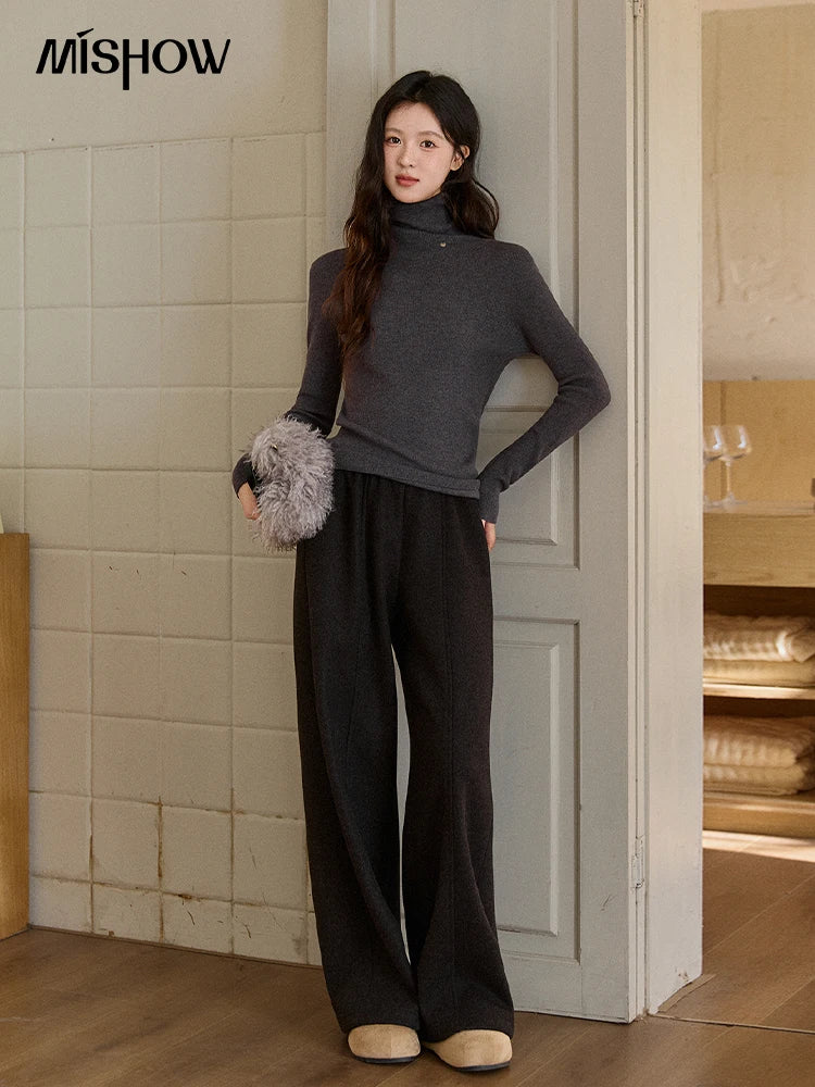 MISHOW High Waist Wide Leg Pants for Women 2025 Winter Casual Loose Thick Fleece Warm Knit Pants Straight Trousers MXE92K1127