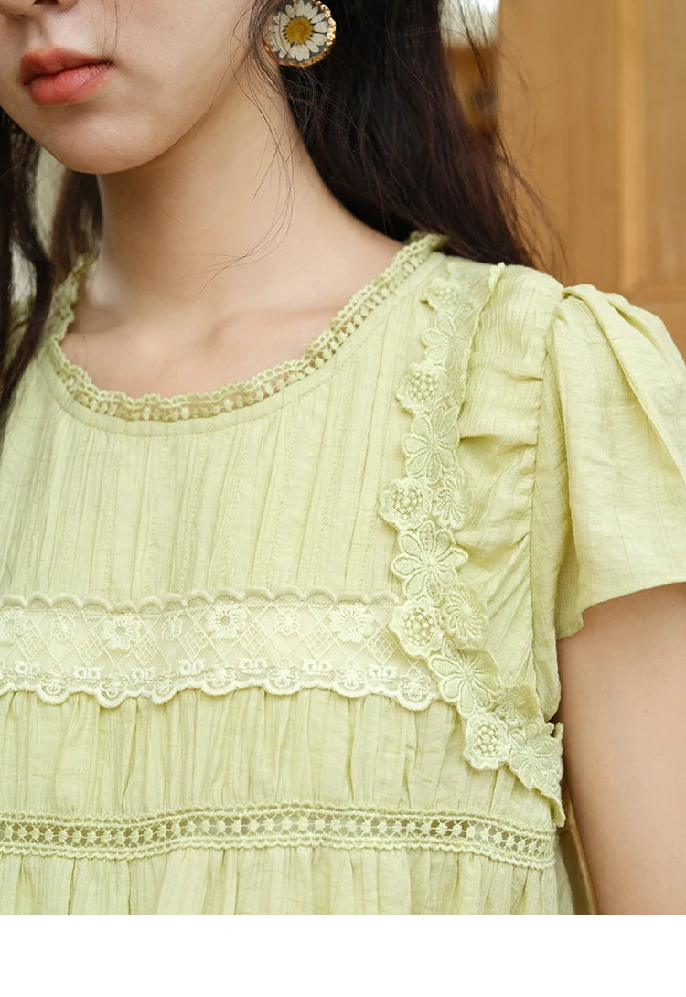 MISHOW Women's Fashion Round Neck Blouse 2025 Summer New Short Sleeve Mushroom Edge Lace Decoration Female Casual Top MXE39X1887