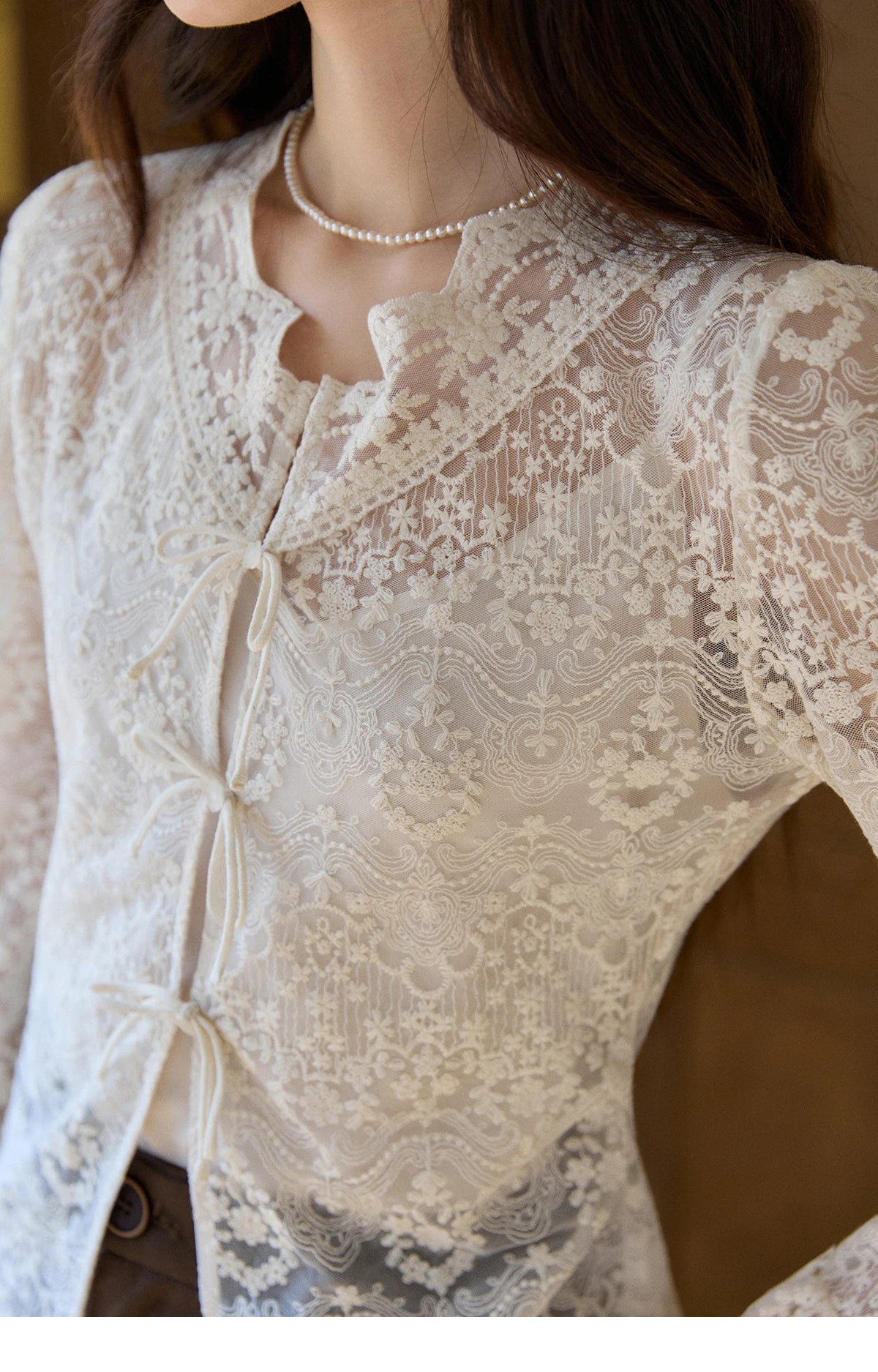 MISHOW Women's Sweet Lace Top Camisole Set Spring Tie Front Flare Sleeve Sheer Casual Elegant Two-Piece Knitwear MXF108X1001