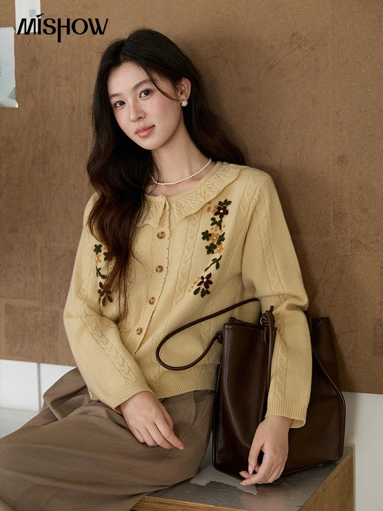 MISHOW Women's Cable Knit Cardigan Spring Peter Pan Collar Floral Embroidery Sweater Long Sleeve Casual Loose Tops MXF11Z2904