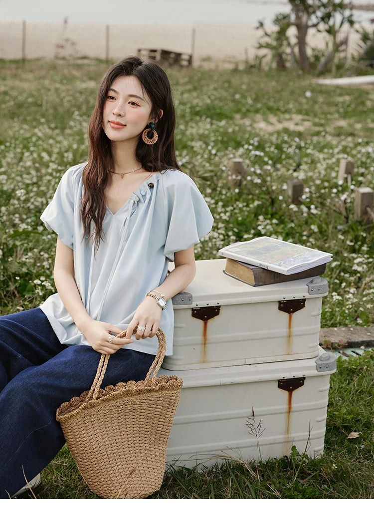 MISHOW Solid French Summer Blouses Woman 2025 New Short Puff Sleeve V-neck Beaded Retro Shirts Women Fashion Tops MXE33X1757