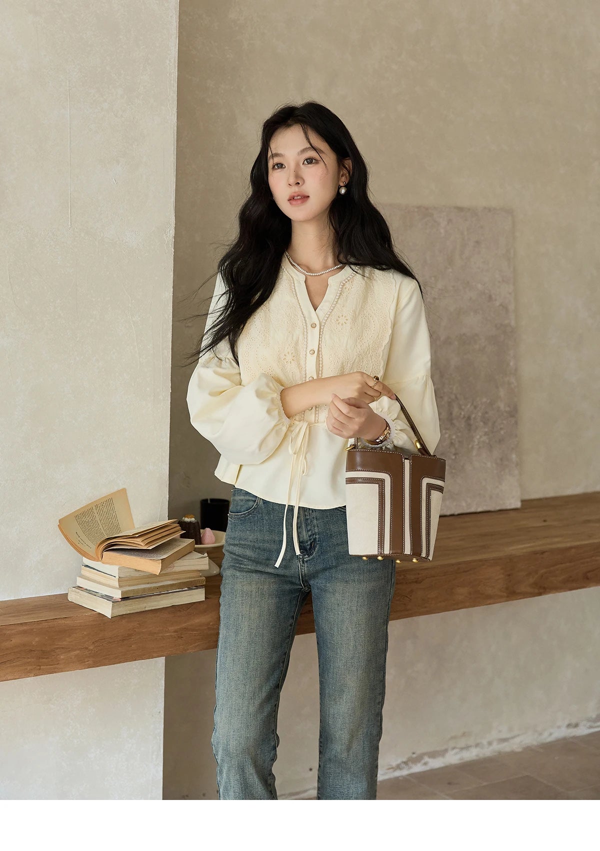 MISHOW Women's French V-neck Blouse Lace Lantern Sleeve Long-sleeved Blouses 2024 Fall Tie Drawstring Waist Slim Tops MXD45X1660